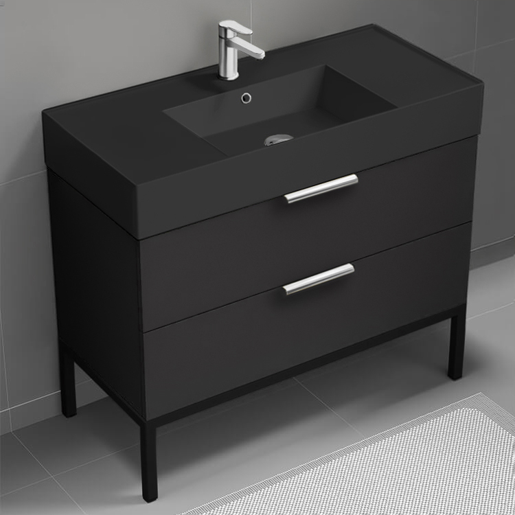 Nameeks DERIN382 40 Inch Bathroom Vanity With Black Sink, Floor Standing, Modern, Matte Black